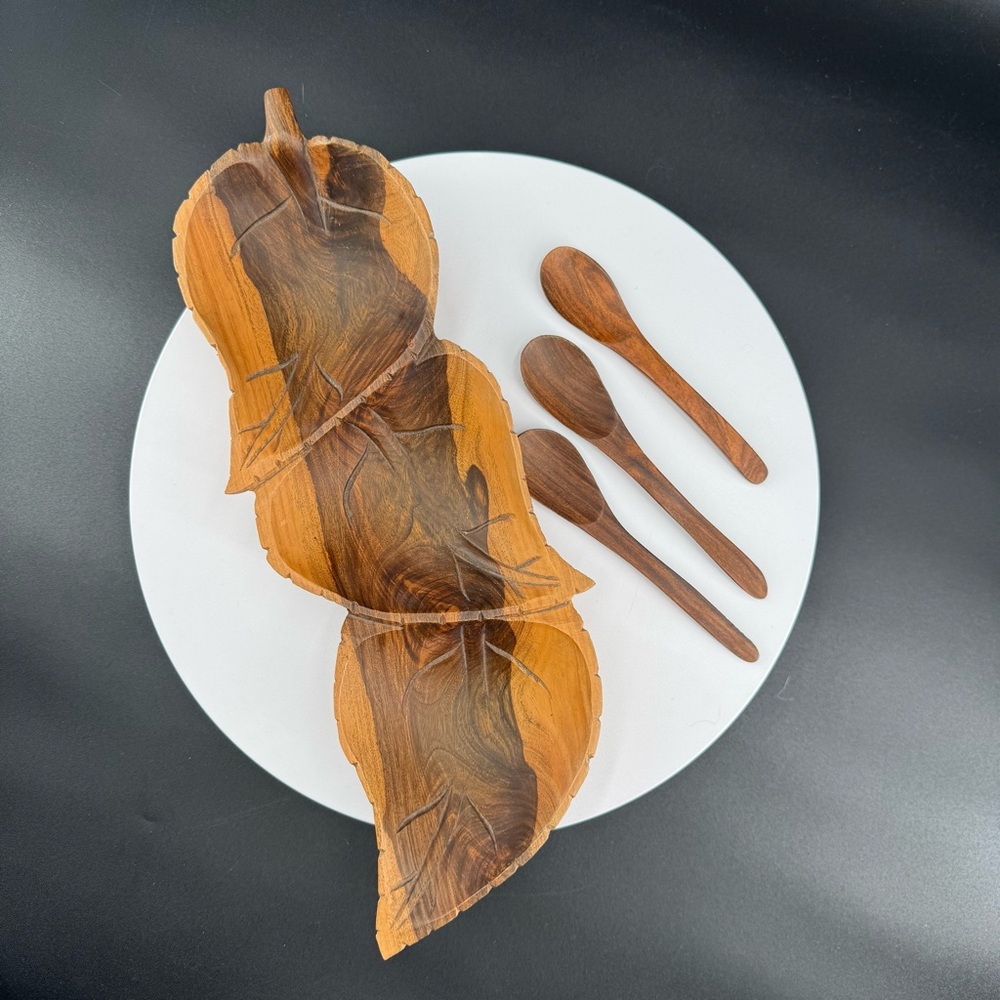 Monkey Pod Wood Leaf Serving Set with 3 Spoons